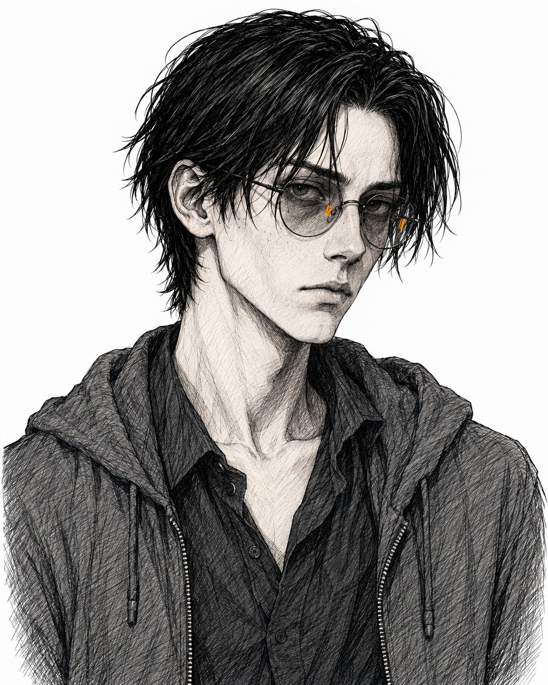 Cade Voss — noir ink portrait. Twenty-four, thin, ear-length dark hair, round wire-frame glasses with a warm amber glint in the lenses.