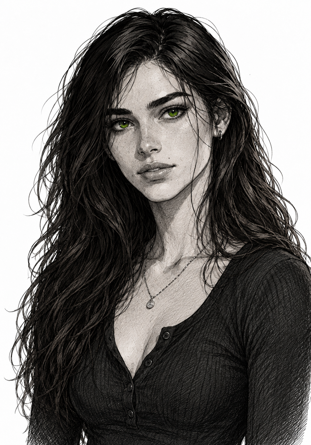 Cassandra Calloway — noir ink portrait. Twenty-three, dark brunette hair in a natural wave, dark green eyes, a fine chain at the collarbone.