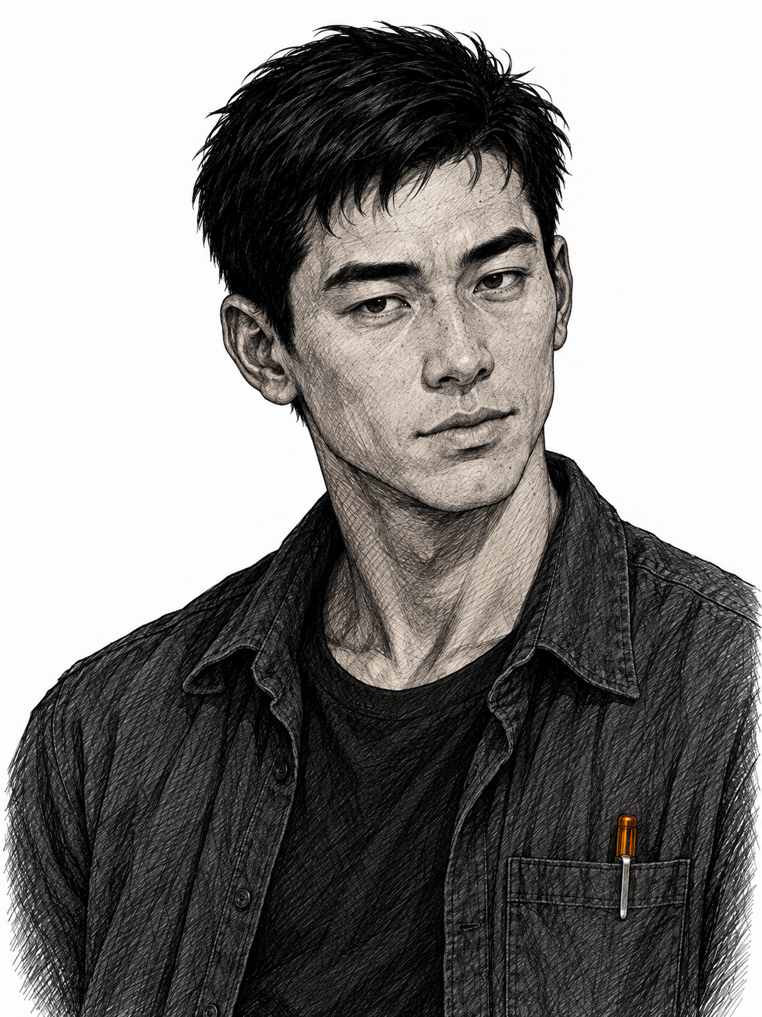 Ki Sou Mihn — noir ink portrait. Late twenties, dark hair, work shirt over a tee, an amber-handled precision screwdriver in the breast pocket.