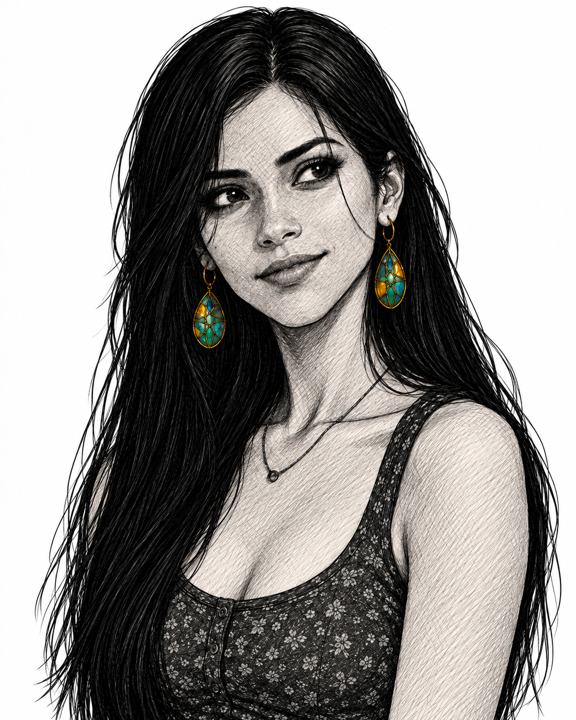 Samantha Reyes — noir ink portrait. Twenty-three, long straight black hair, teal and gold stained-glass drop earrings.