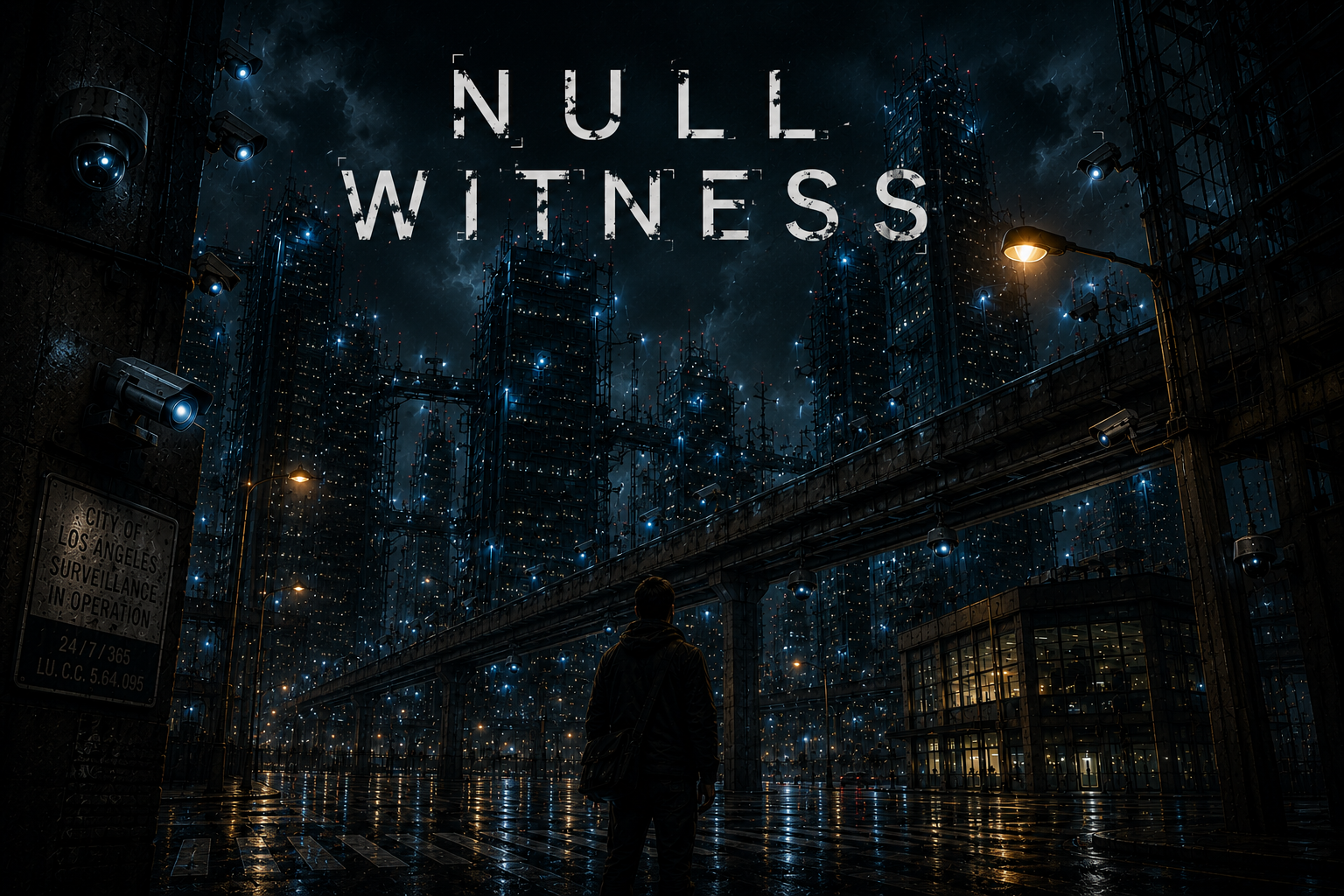 Null Witness — a lone figure under the surveillance city of 2035 Los Angeles