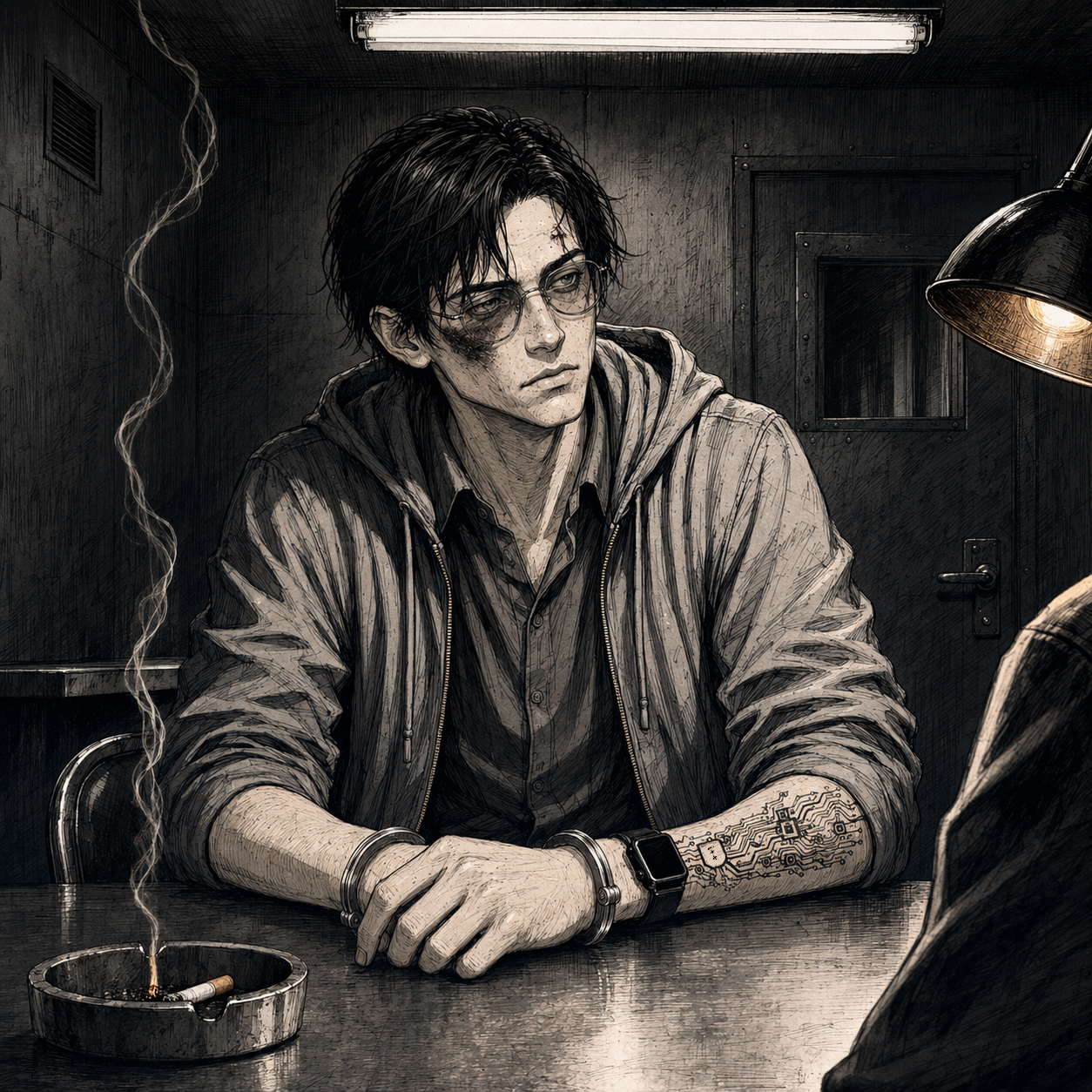 The interrogation room — Cade cuffed to a metal table under a bare lamp.