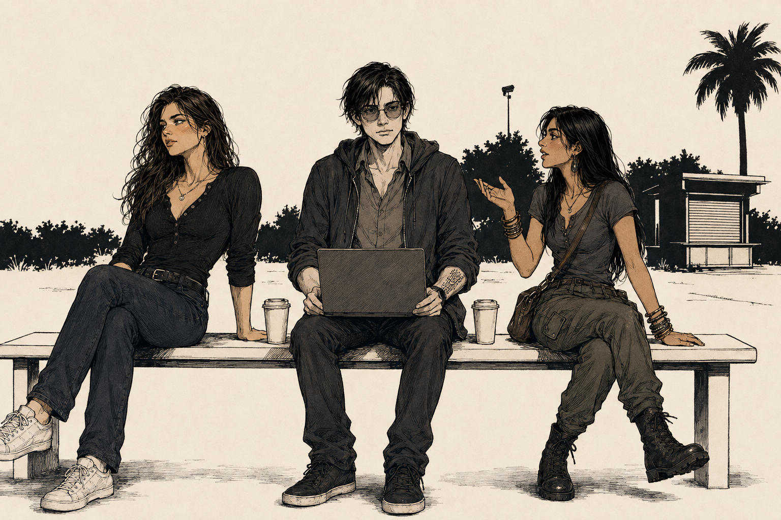 Three people on a campus bench in the late afternoon. Cade sits in the middle with a laptop open on his knees, hands still on its edge. Cass sits on his right, colour rising in her face, looking away at nothing. Sam sits on his left mid-gesture, bangles on the raised wrist, entirely pleased with herself.