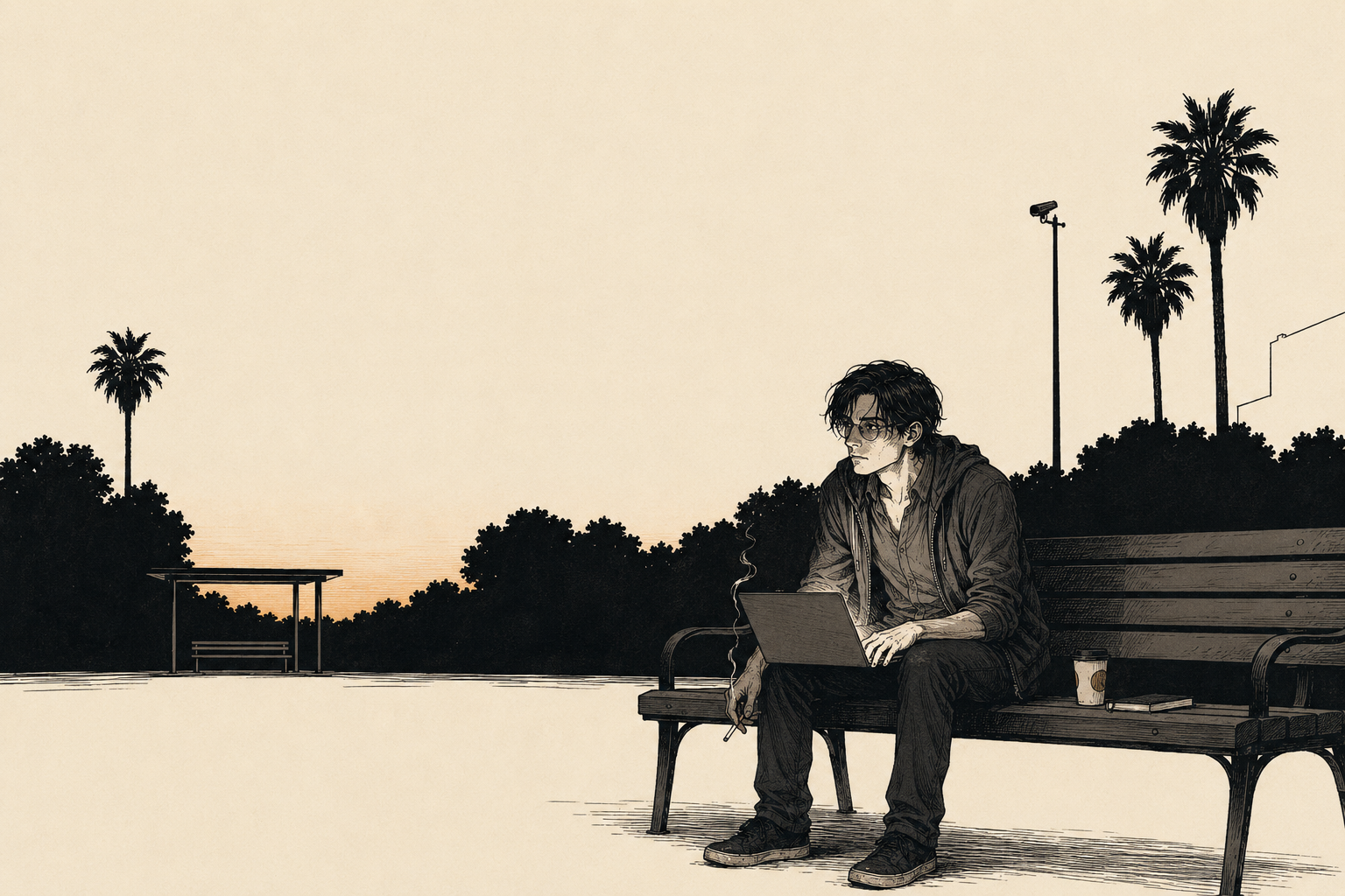 Cade alone on the quad bench at dusk, the laptop open on his knees and its screen the only cold light on his face. A cigarette burns between two fingers, smoke rising into the cooling air. Behind him the sky has gone from gold to a deeper blue over the palms, a WAIT banner lit on a lamp pole, the campus emptying out.