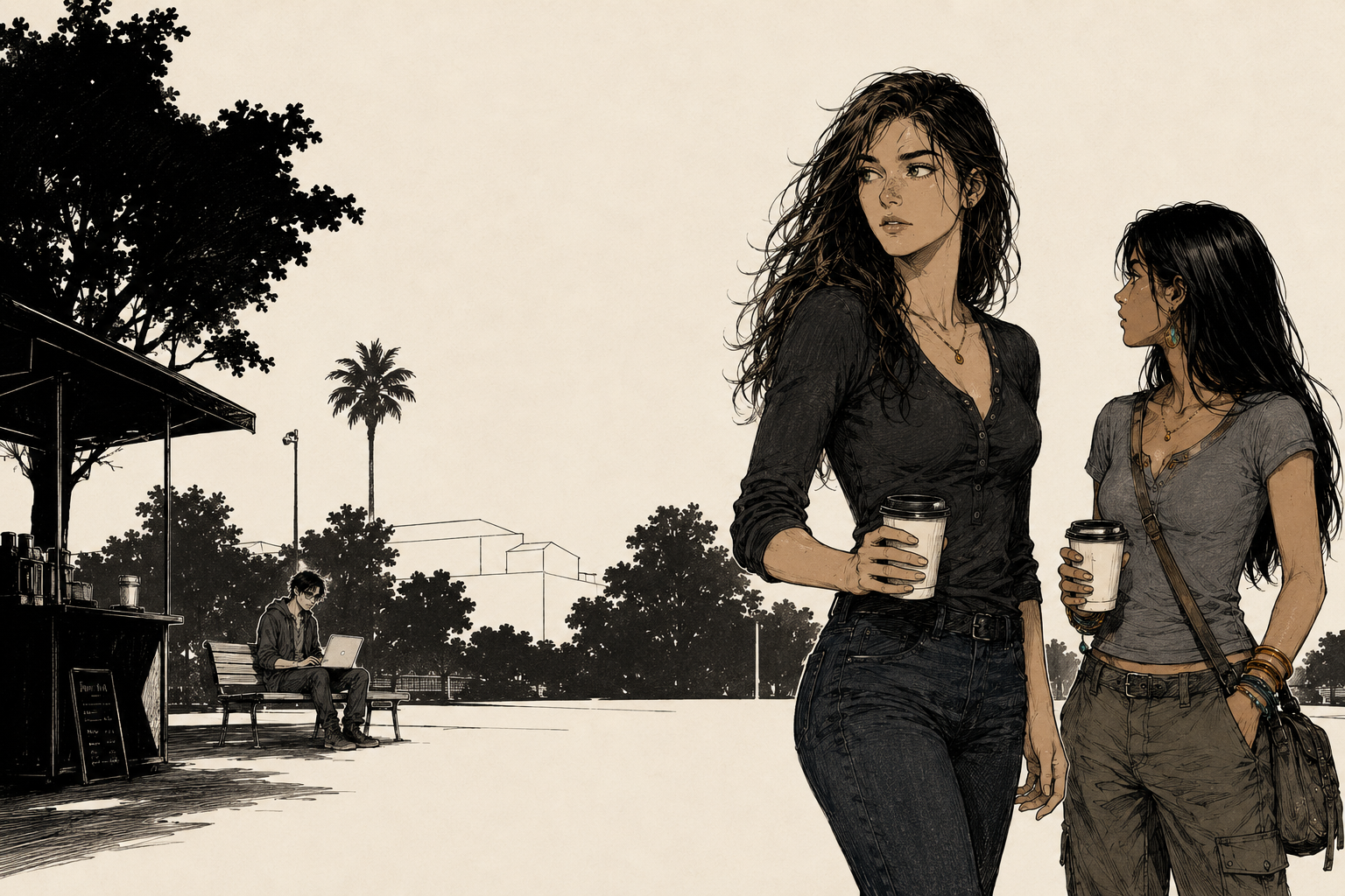 Cass turns from Paulo's coffee cart with a cup in her hand and stops, her eyes finding something across the quad. Sam stands beside her already tracking the same line of sight. Twenty yards behind them Cade sits on a shaded bench with a laptop, a shaft of afternoon sun catching the tattoo on his forearm.