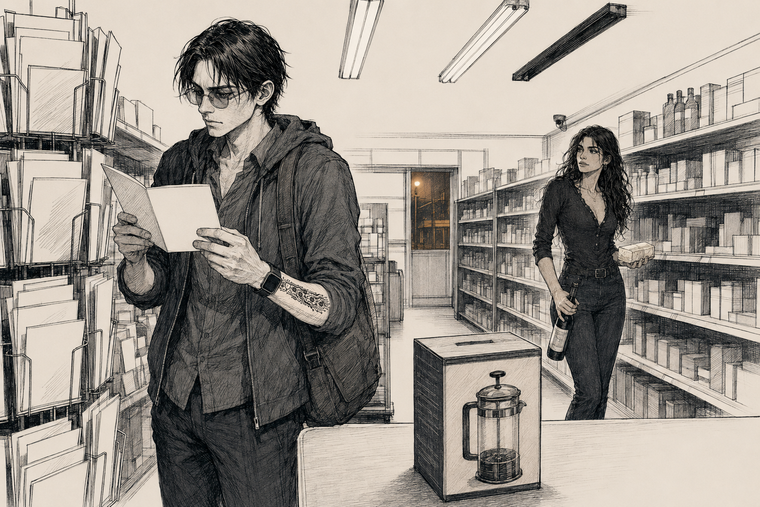 A small old corner store under fluorescent light with one tube dark. Cade stands at a spinning greeting-card rack holding a card open at reading distance with genuine puzzlement. Cass waits down the aisle with a block of butter in one hand and a bottle of wine by the neck in the other, watching him. A boxed French press sits on the checkout counter in the foreground.