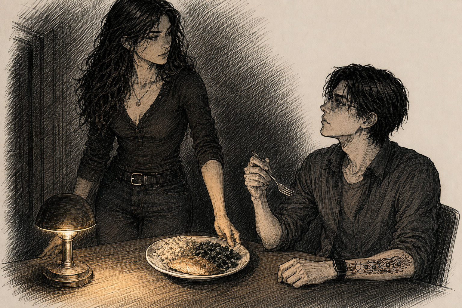 Cass stands beside the kitchen table having just set a refilled plate down in front of Cade — salmon, rice pilaf, buttered greens — one hand still on the rim of it, looking at him plainly. Cade sits with his fork paused mid-air, caught between an objection he has not started and the recognition that he is hungry. A single reading lamp is the only light.