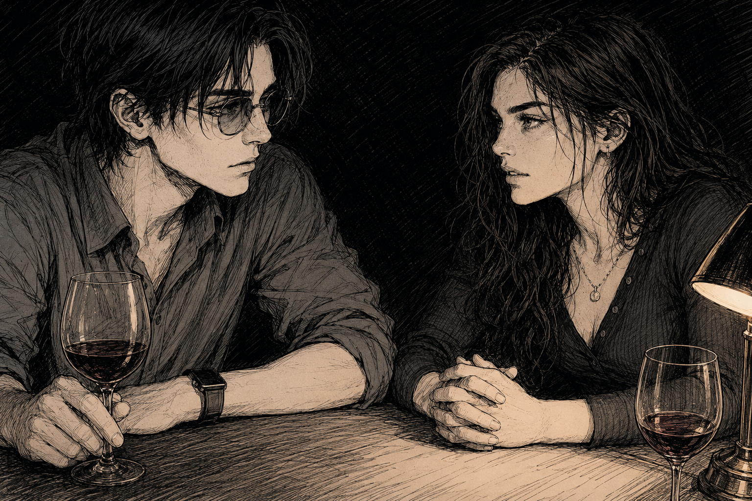 A tight two-shot across the corner of the kitchen table, lit only by the reading lamp. Cass leans slightly forward with her hands folded in front of her, level and final, her eyes locked on his. Cade has gone completely still, one hand around the stem of a wine glass, the sleep debt plain on his face. The room behind them falls away into darkness.