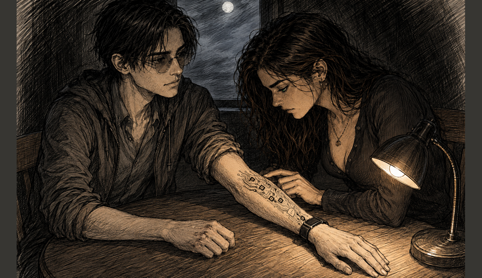 Cade's left forearm turned toward the reading lamp on the kitchen table, the circuit-board tattoo catching the light along the top of the arm, his other hand resting on the table with the knuckles split and closing. Cass leans in from the right, head lowered, reading the circuit rather than admiring it. Behind them a window where the marine layer is luminous with the moon behind it.