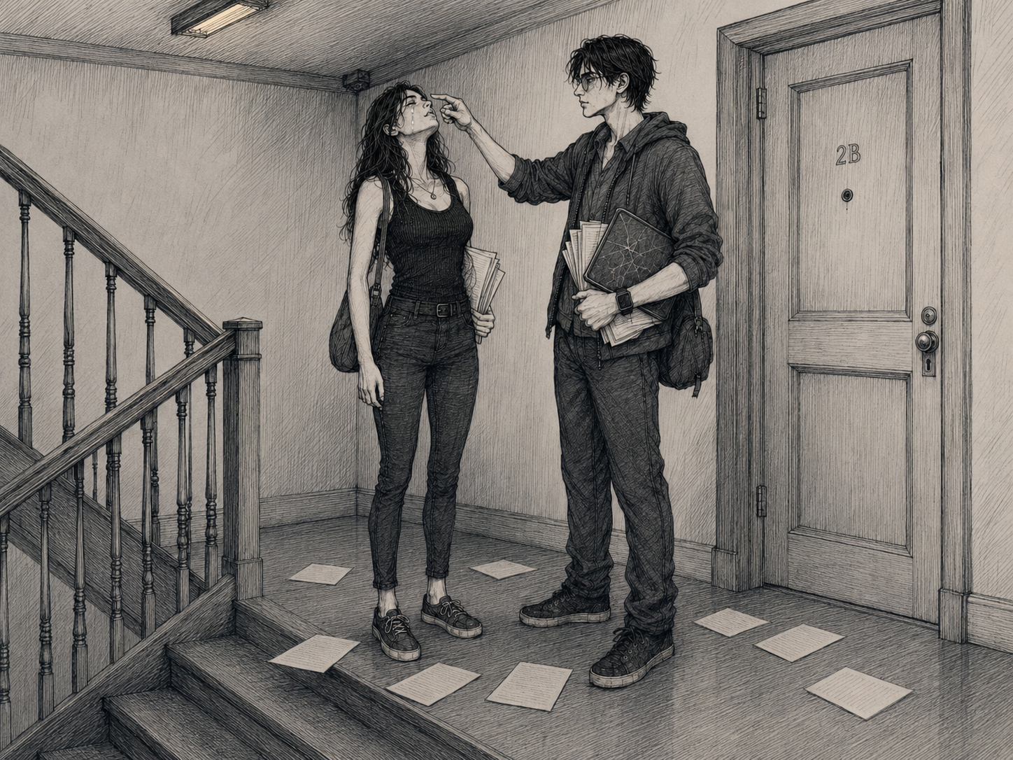 The second-floor landing at 1847 Entrada, printed pages scattered across the floor. Cass stands with her bag slipping off one shoulder and her jacket under her arm, chin raised, looking at the ceiling with a tear she has not acknowledged. Cade stands in front of her with the cracked tablet and the gathered papers under one arm, reaching up to poke her once on the top of the head.