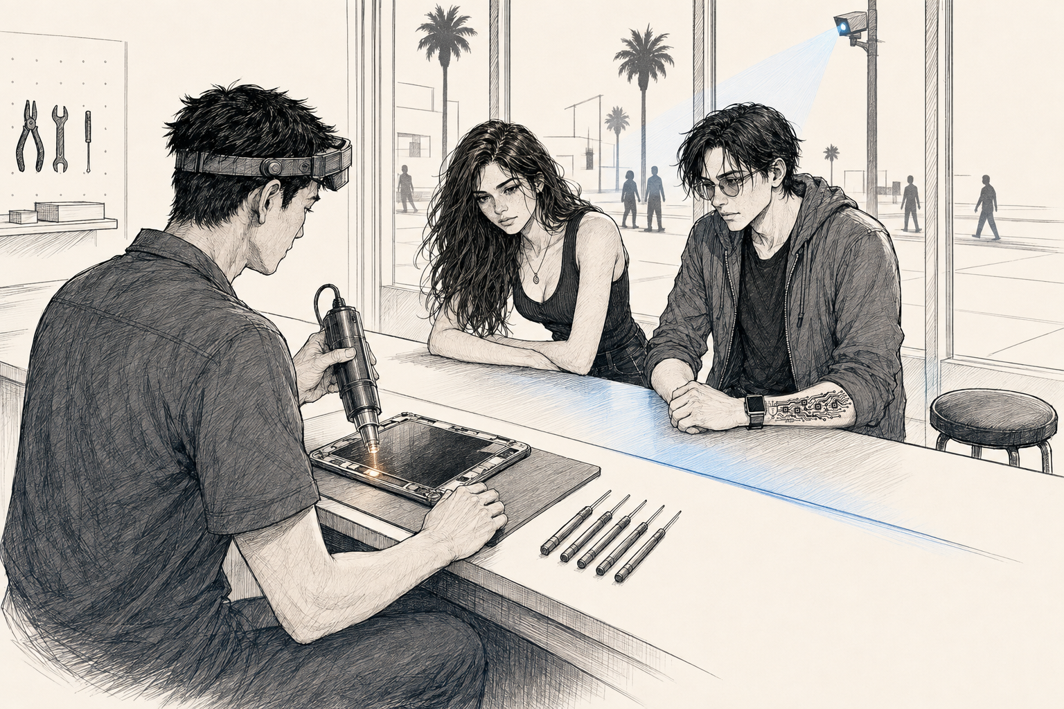 Ki at his workbench with the magnifying headset pushed up on his forehead, a heat gun in one hand over a tablet screen assembly on a green mat, precision screwdrivers laid out in a row. Across the counter Cass leans forward on her forearms watching, Cade sits beside her, and the third stool is empty.