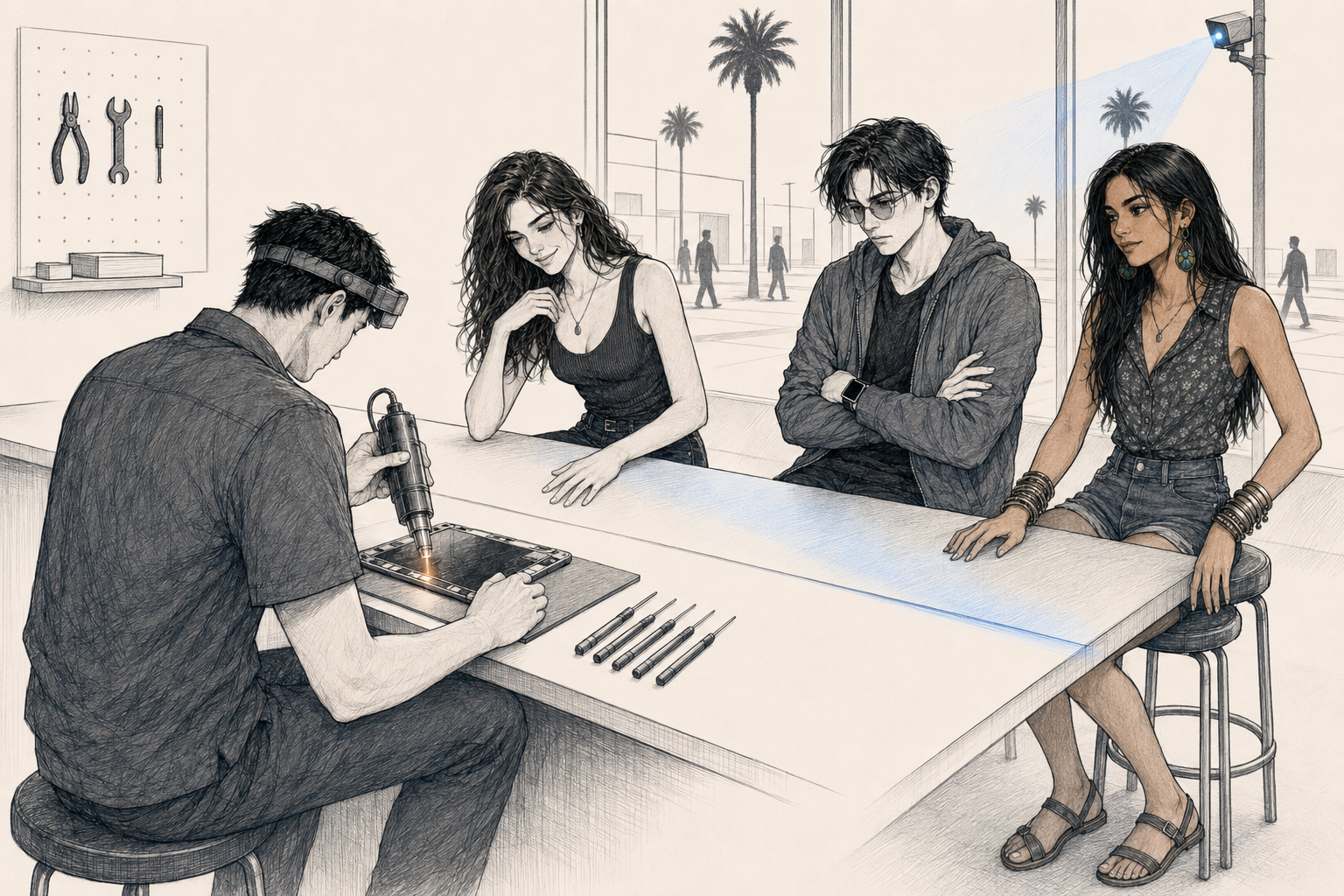 Three people on stools at Ki's counter. Cass on the left caught in a small real laugh, Cade in the middle with his arms folded and his sleeves down, Sam on the right just settled onto the third stool with a cable and an adapter on the counter in front of her. Ki works in the near foreground, head down over the tablet, not looking up.