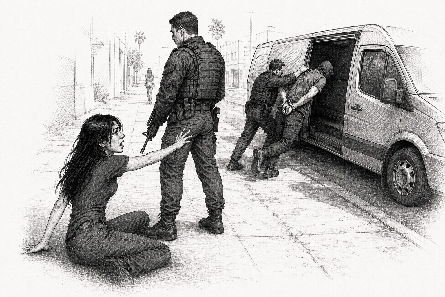 A memory, framed in heavy shadow at the edges. A San Diego sidewalk in the middle of an afternoon. A dark unmarked van has come up over the curb with its side door open, and three officers in plain tactical kit are pushing a young man through it — a black bag already over his head, his hands bound. In the near foreground a nineteen-year-old Sam is caught mid-scream, tears on her face, one arm flung out toward the van. Not one of the officers is looking at her. Further down the sidewalk two people keep walking.