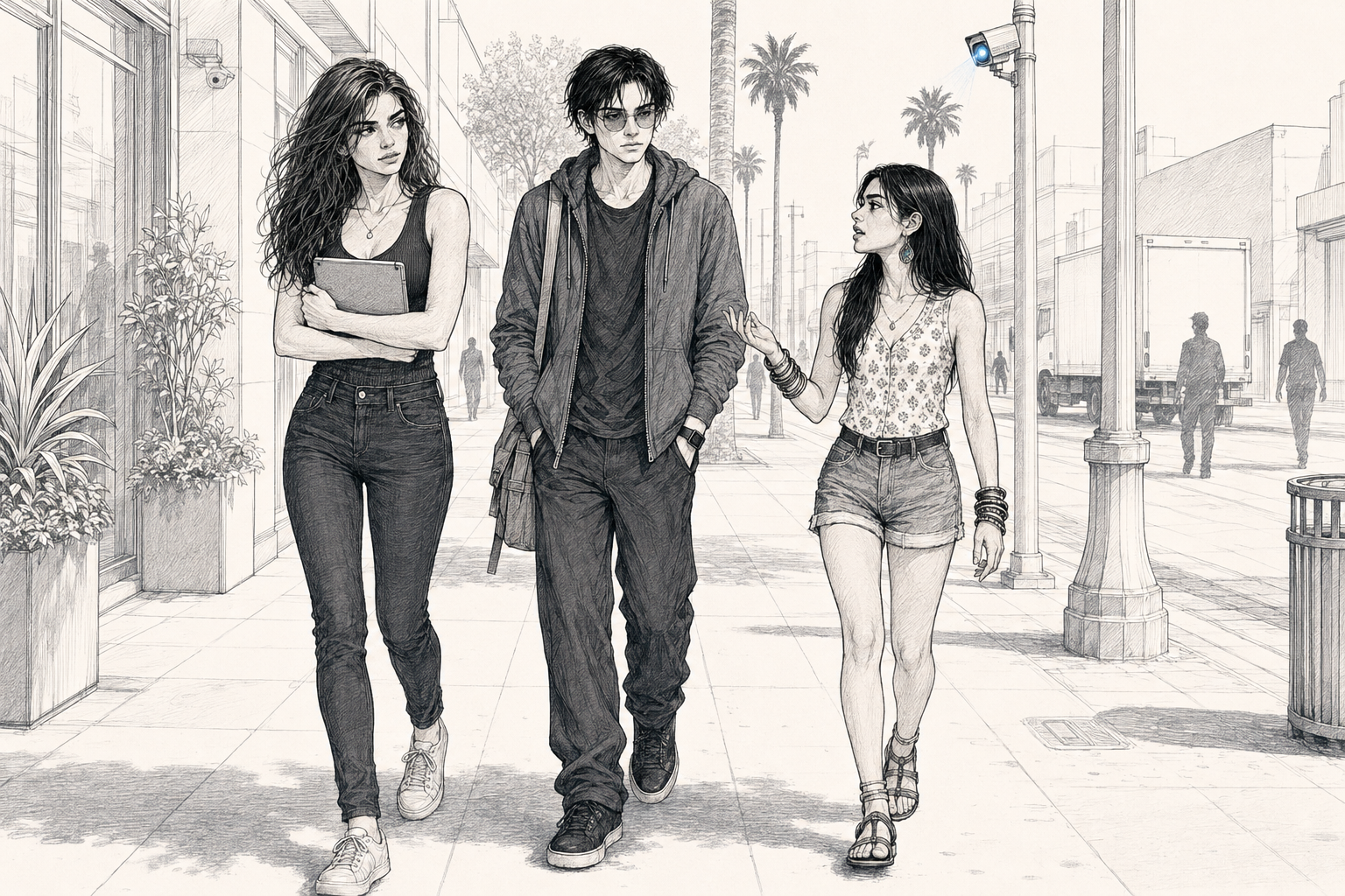 Cass, Cade and Sam walking three abreast toward the camera along a sunlit 4th Street, low storefronts and jacaranda behind them, a delivery truck being unloaded further along. Cass holds the repaired tablet flat against her chest with both arms. Cade walks in the middle with his hands in his hoodie pockets, looking ahead. Sam, shorter than both, is half-turned toward him mid-question with one hand out.