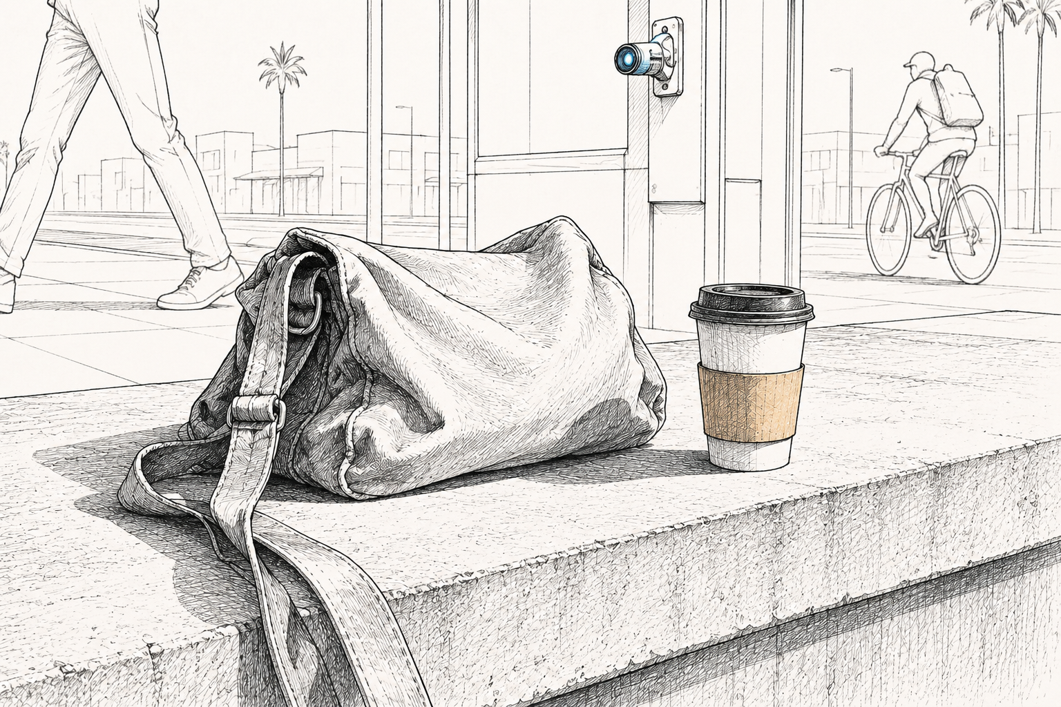 A low concrete wall beside a transit kiosk in flat daylight. A worn canvas shoulder bag sits slumped where it was set down, its strap trailing over the edge, and beside it a paper coffee cup with the lid still on, about half full. Nothing is knocked over. Behind and out of focus a pedestrian passes without slowing and a cyclist swings wide around the wall. A camera node on the kiosk above still watches it.