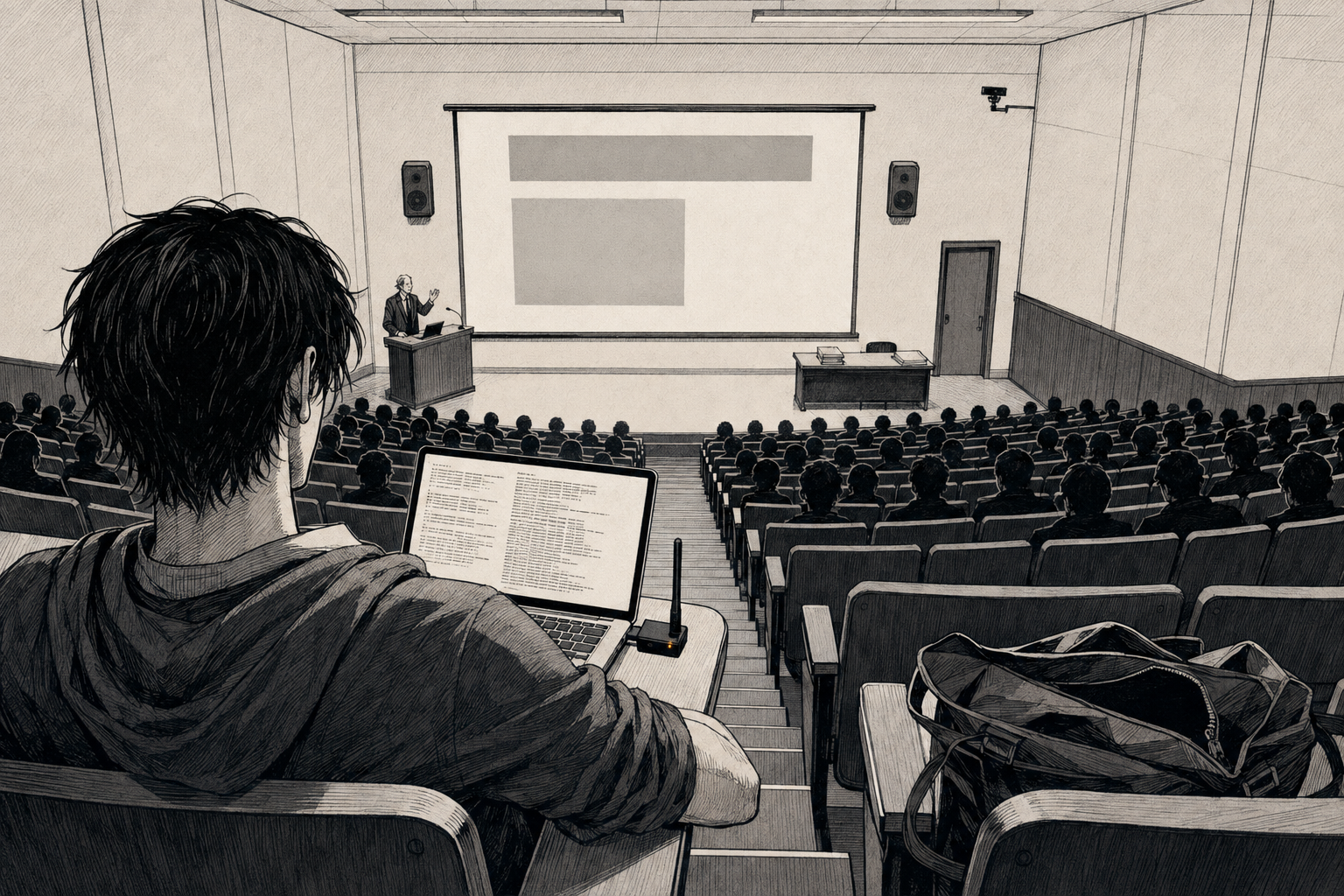 The back row of a tiered lecture hall seen from behind Cade, a green terminal open on his laptop and a USB network adapter with its antenna unfolded beside it. Professor Dietrich at the podium far below, rows of students facing away.