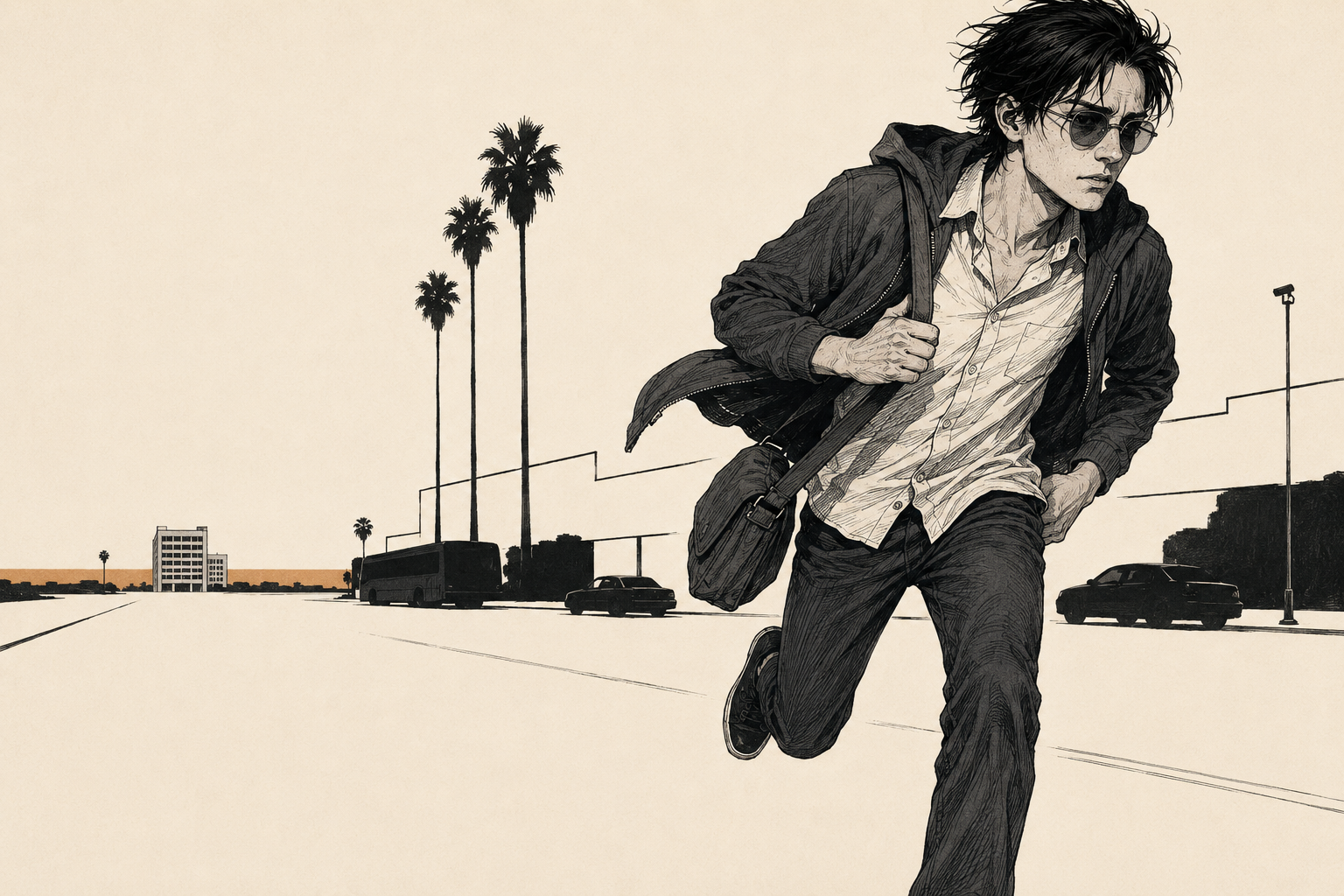 Cade running badly along Lincoln Boulevard in hard afternoon sun, hoodie flying open over a damp cheap button-down, sleeves down to the wrists, messenger bag swinging at his hip, transition lenses gone dark, the four-storey Spaces building small in the distance ahead.