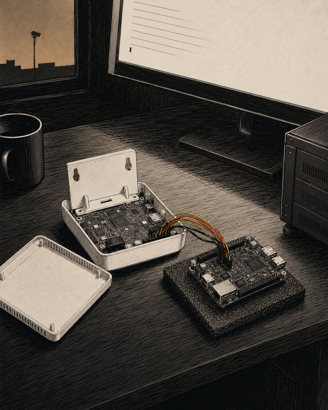 Cade's desk. A Nestfield Pro Home Hub with its mounting bracket still attached sits open on the surface. A BeagleBone Black rests on a square of anti-static foam beside it, color-coded pigtail cables running from the board's debug header into the hub's JTAG port. The serial console open on the monitor above, waiting on the first key.