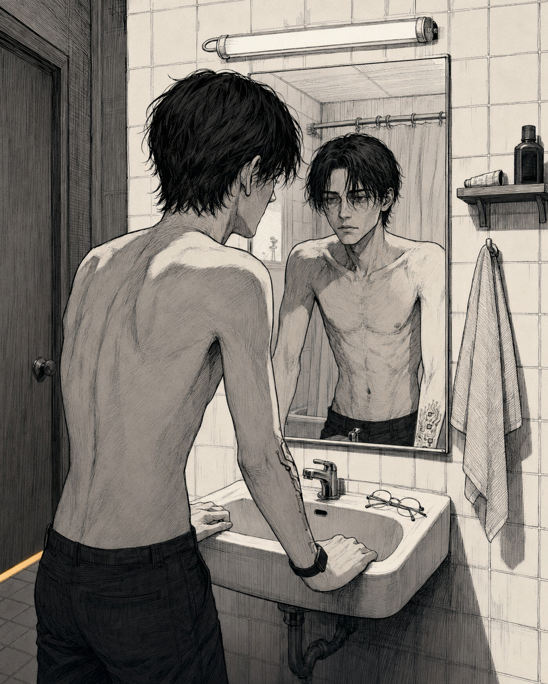 Cade Voss shirtless at the bathroom mirror under a fluorescent light, dark circles under his eyes, a thin frame, the circuit tattoo up his left forearm, his glasses set on the edge of the sink.