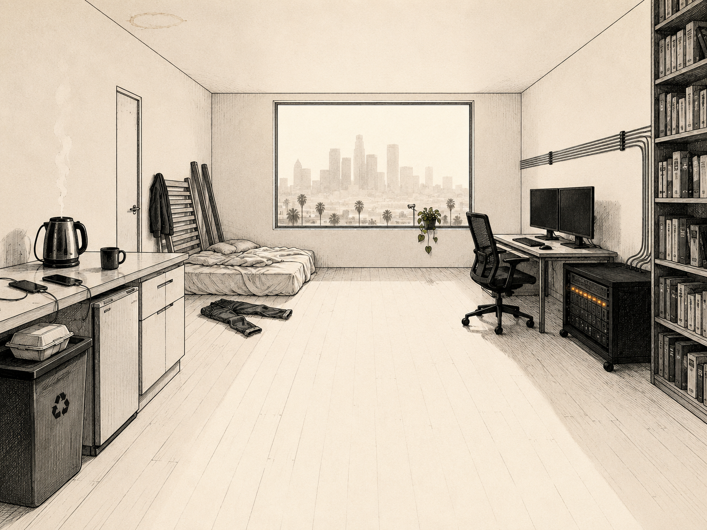 Cade's loft with nobody in it: the kettle boiling on the kitchen counter, the mattress on the floor, the bed frame still in pieces against the wall, the desk and server rack along the far wall, and the LA skyline hazy through the window.