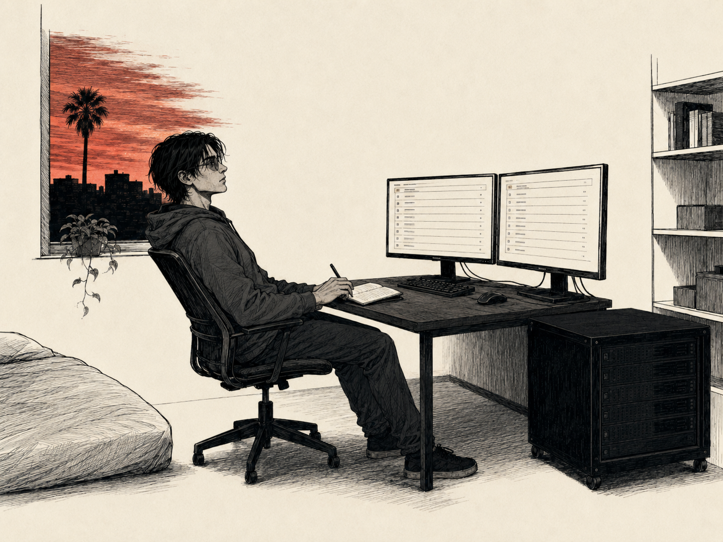 Cade leaning back from the desk at dusk, pen still in hand over the open black notebook, the participant forum on both monitors behind him and the sky over the city gone red through the loft windows.