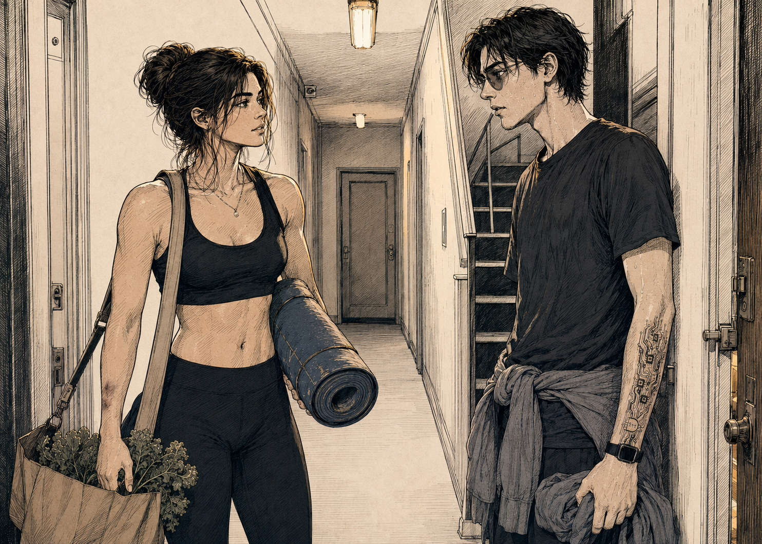 Cade and Cass on the stairwell landing.