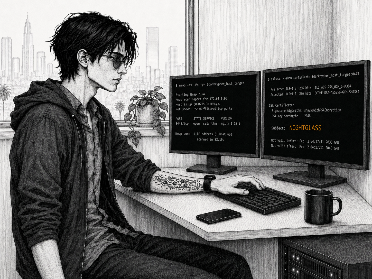 Cade at the corner desk in his loft, two monitors side by side. The left runs an nmap scan of the Tier Two target; the right runs sslscan against port 8443 and the certificate's Subject resolves to a single word, NIGHTGLASS, picked out in amber. The downtown skyline and a potted plant fill the window behind him; the server rack sits under the desk.