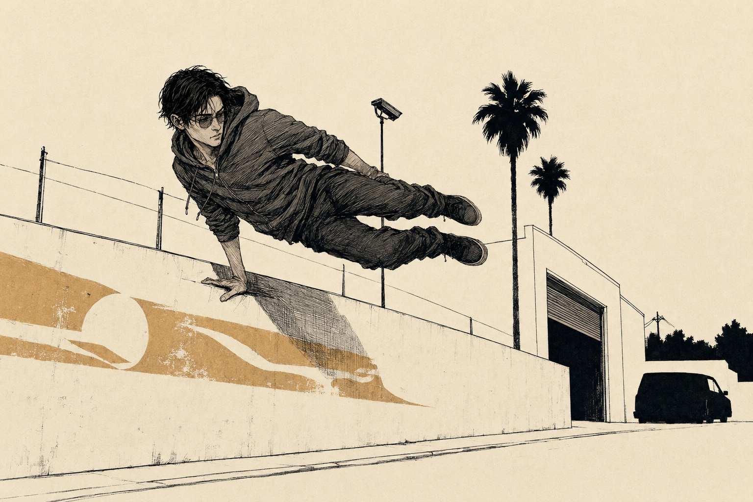 Cade Voss mid-vault over a low concrete wall on a downtown Los Angeles street, hoodie tied at his waist and the circuit tattoo down his left arm, a faded 'Forward Together' Pacific Compact mural behind him and a Glass surveillance camera on the corner pole.