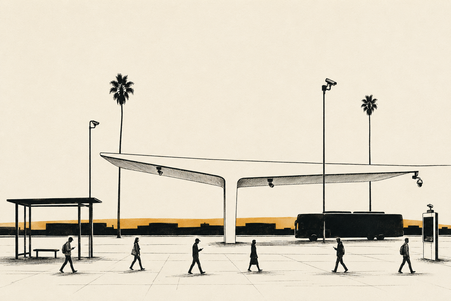 A wide Pacific Compact surveillance view of the Santa Monica metro at dawn, camera poles over empty streets, transit turnstiles, intersection biometric points reading faces in passing. The city being counted before it is awake.