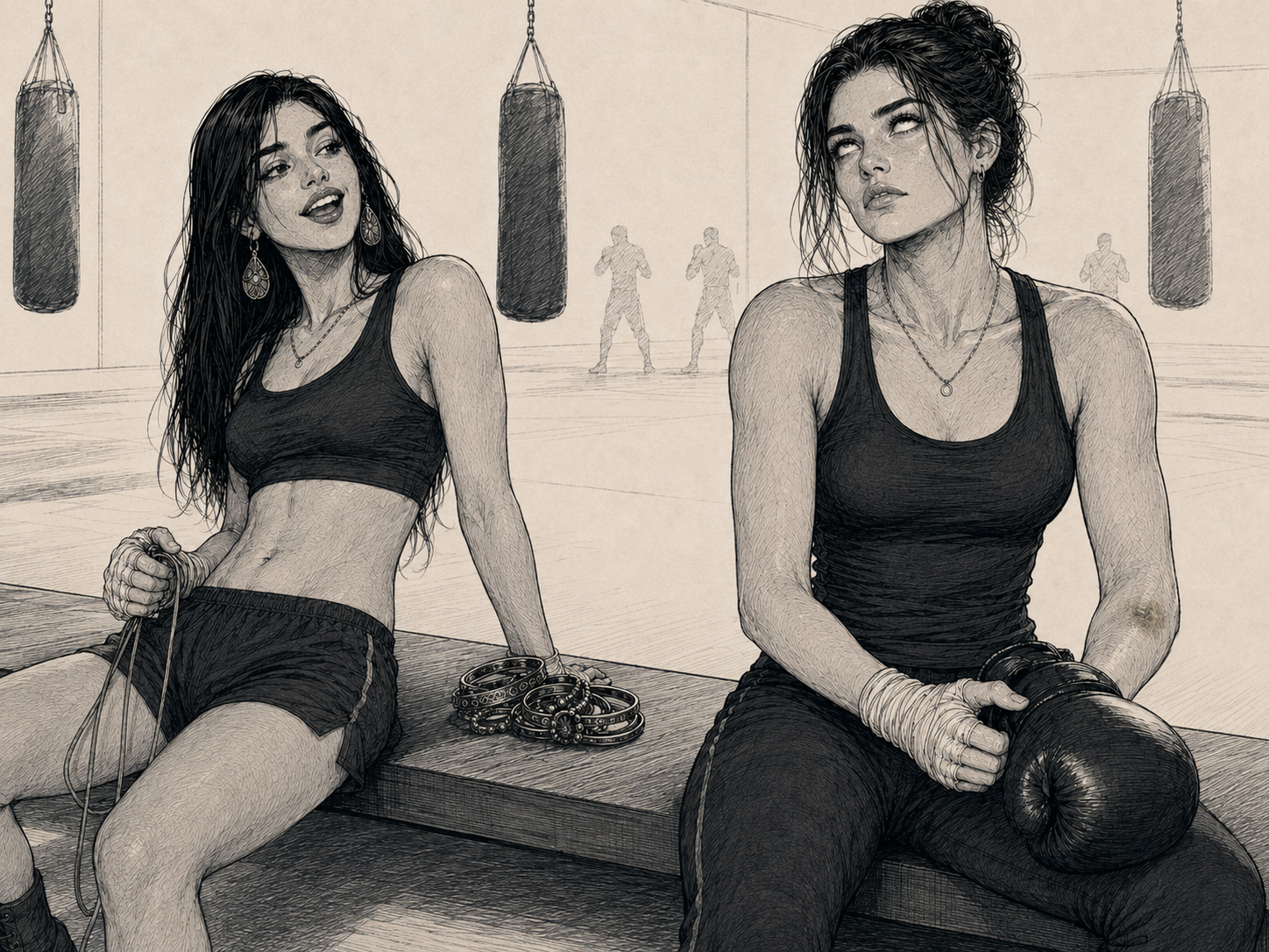 Sam and Cass at their morning boxing class. Sam leans against the equipment bench with a jump rope in her wrapped hands, stained-glass drop earrings on, her stacked bangles set aside beside her, grinning at her own joke. Cass sits in hand-wraps and a bag glove, hair pulled up, giving her a flat, unimpressed look. Heavy bags and a mirrored wall behind them, the class warming up in the background.