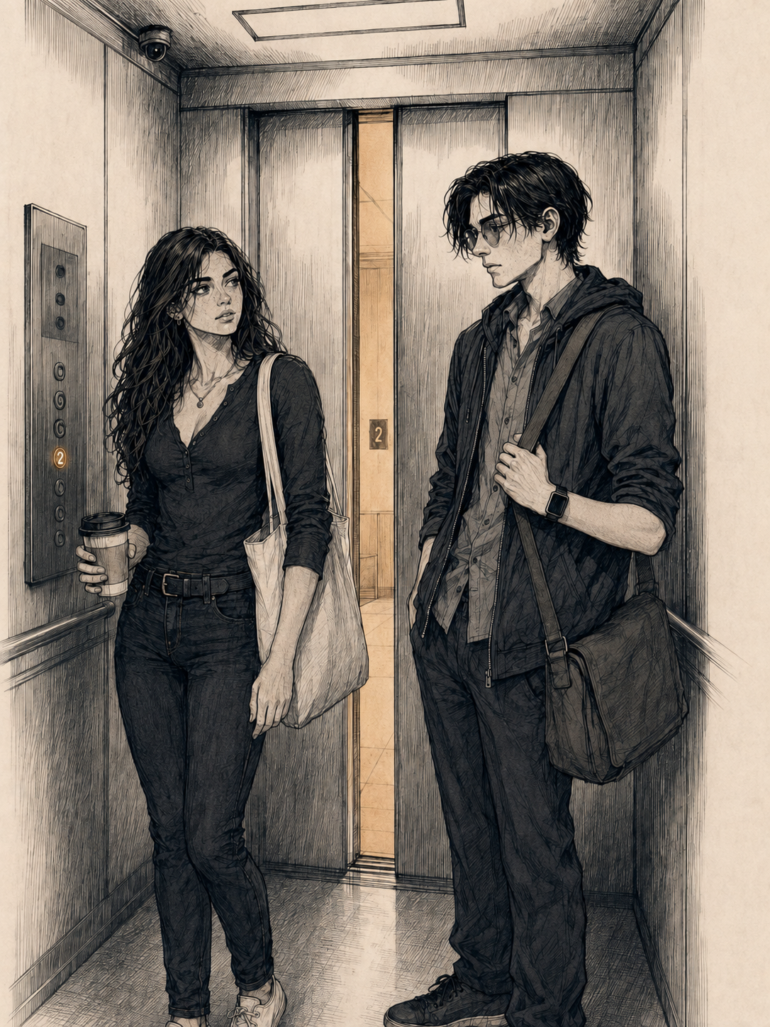 Cade and Cass in the elevator.