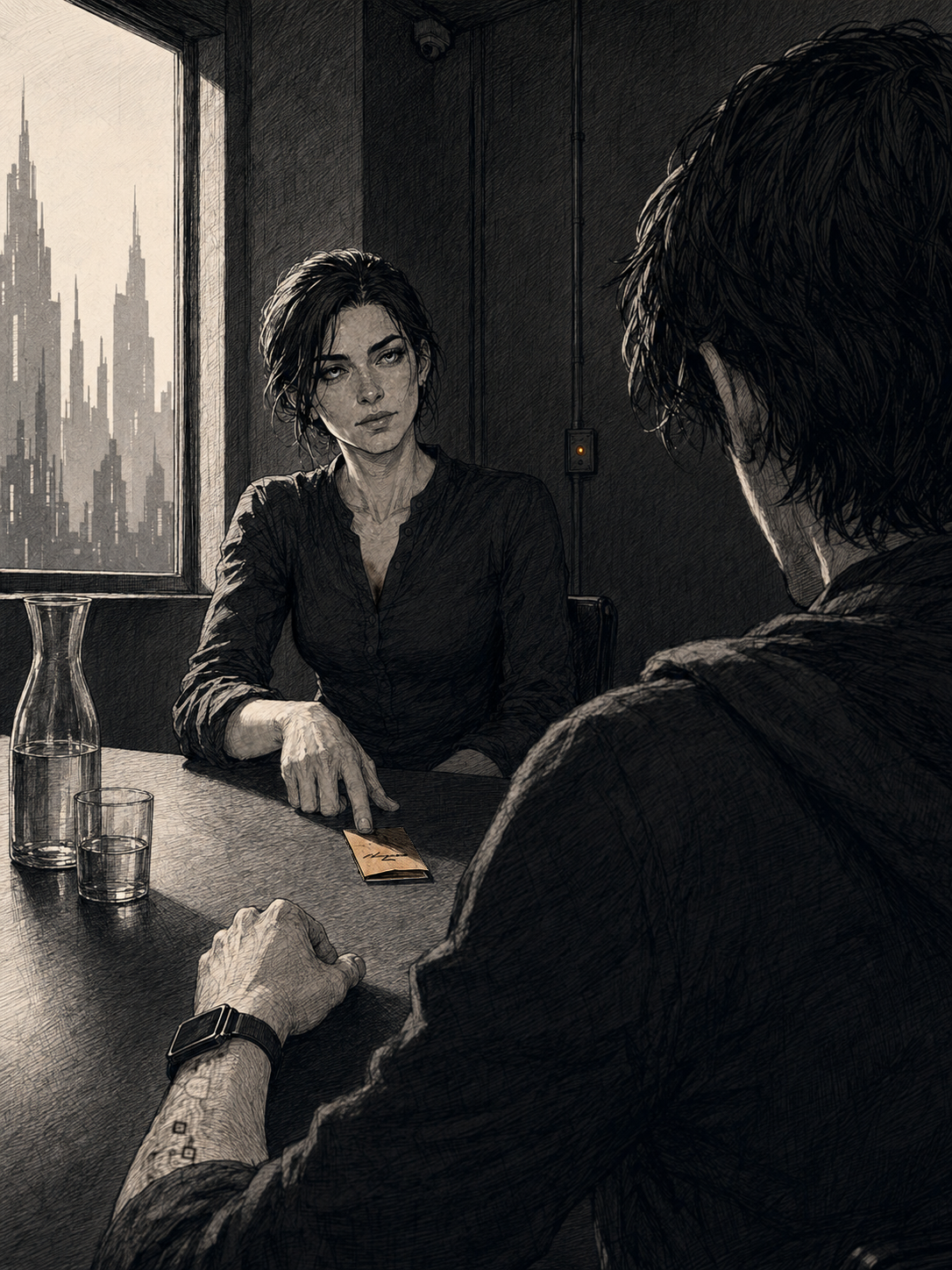 Cade across a bare table from Lena Holt in a spare Bunker Hill conference room, seen over Cade's shoulder, his tattooed forearm and smart watch in the foreground, Lena composed in dark clothes with one fingertip resting on a folded card she has just slid across, cool window light raking the room.