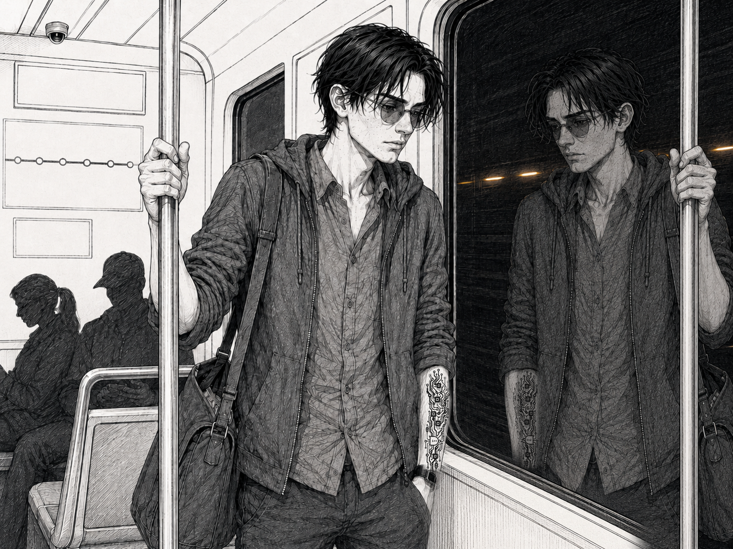 Cade standing in a descending Metro A Line train, the dark tunnel-wall window turned to a mirror that doubles his reflection, two figures with the space between them the shape of two tracks not yet touching.
