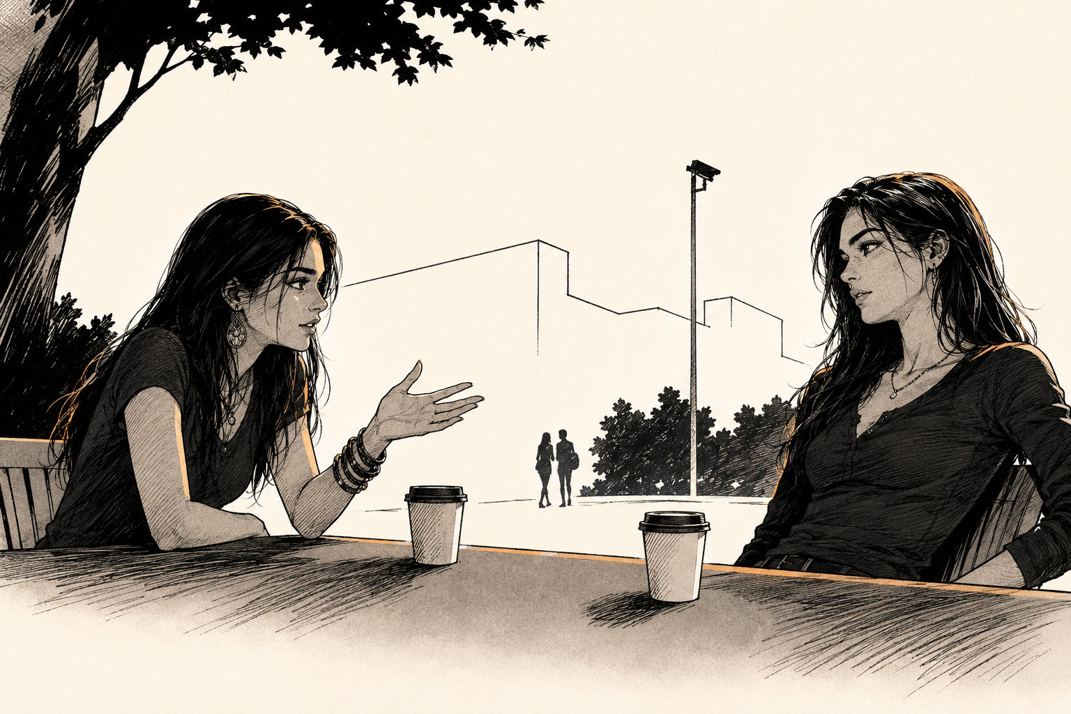 Sam and Cass at an outdoor table beside the WAIT physics building in afternoon shade, Sam leaning in mid-conversation with stacked bangles and stained-glass earrings, Cass sitting back with her weight against the chair, two coffees between them.