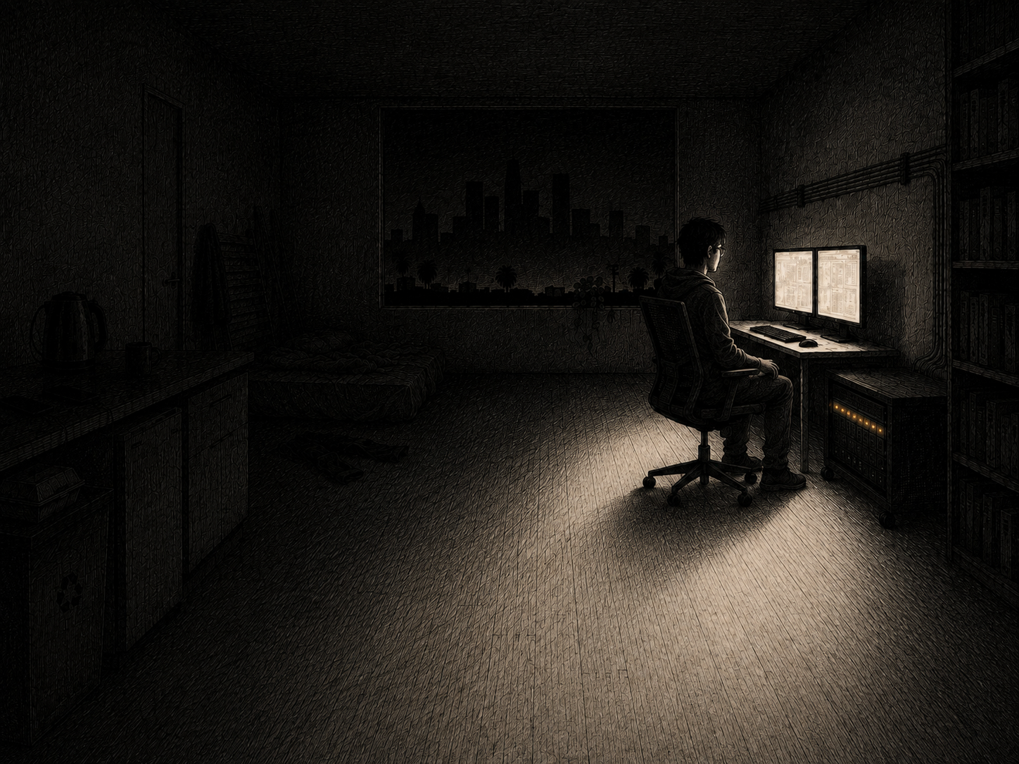 Cade's loft at three in the morning, seen from across the room. He has rolled the chair back from the desk and sits still with his hands off the keyboard, looking at two monitors showing a decompiler workspace and a function call graph. The server rack's indicator lights and the city through the window are the only other light.