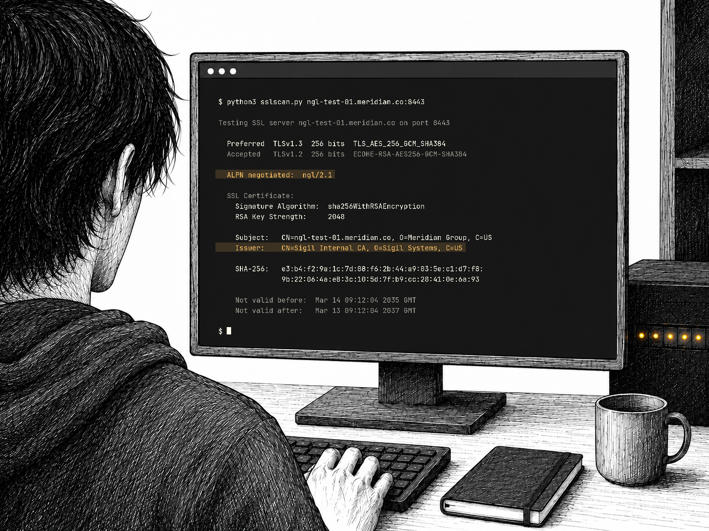 Cade finding the NIGHTGLASS certificate at his desk, late at night.