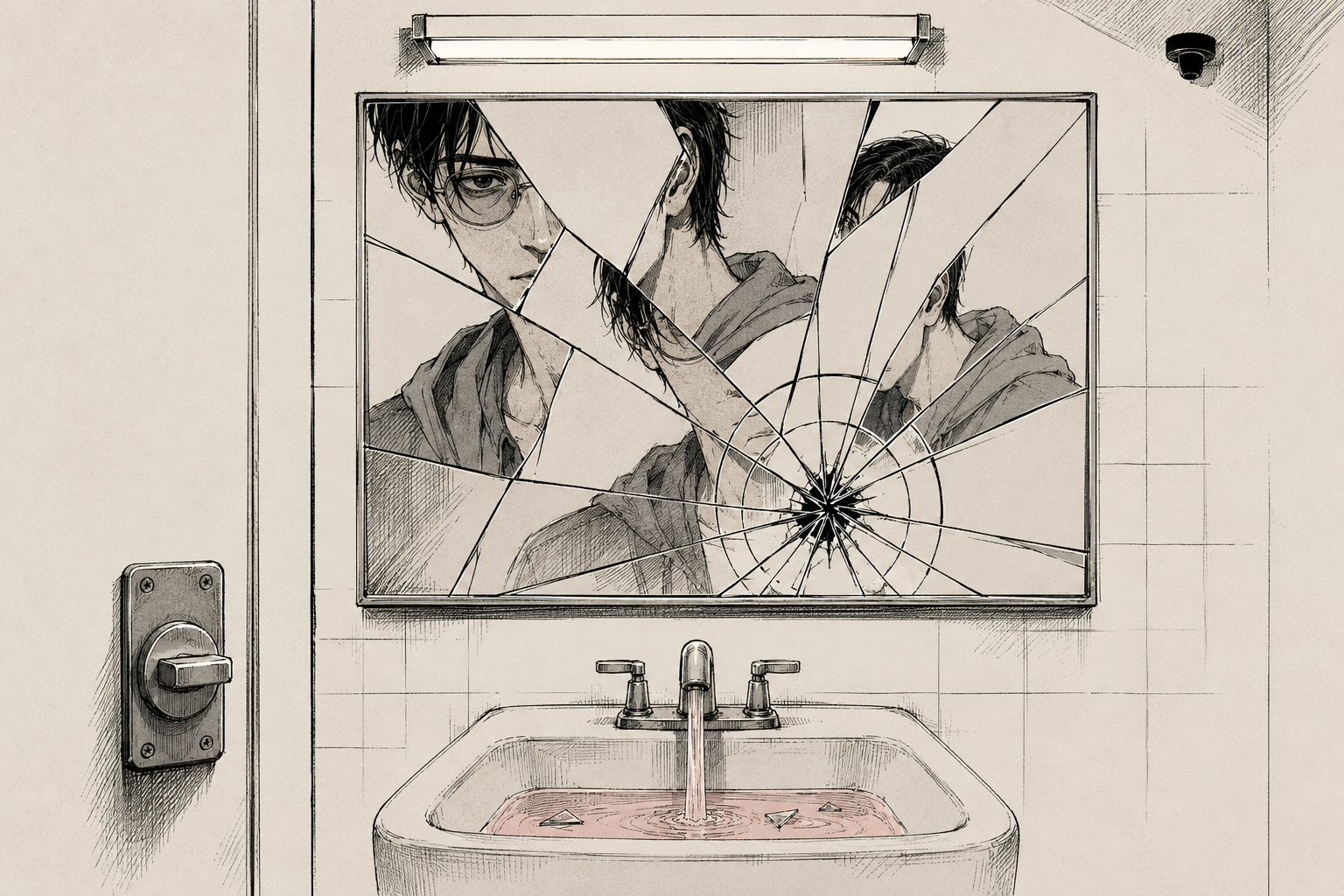 Cade at the broken bathroom mirror.
