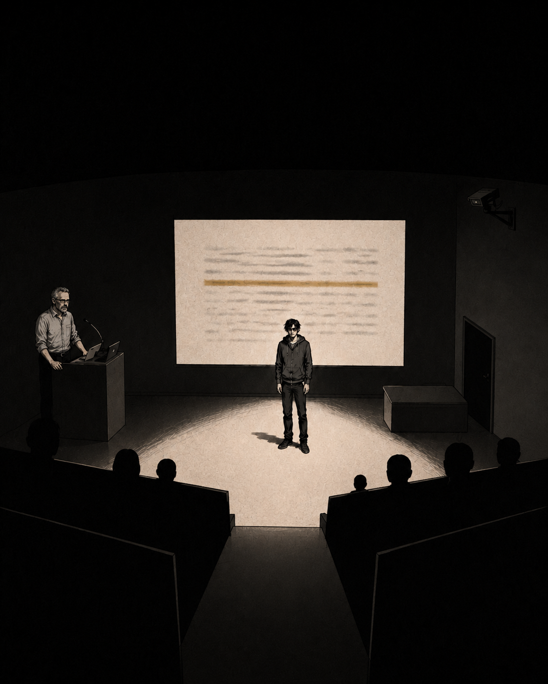 Cade standing alone in the projector light at the front of the lecture hall, the packet-capture log filling the screen at his shoulder with one row highlighted, Dietrich composed at the podium, a hundred and eighty students watching in silence.
