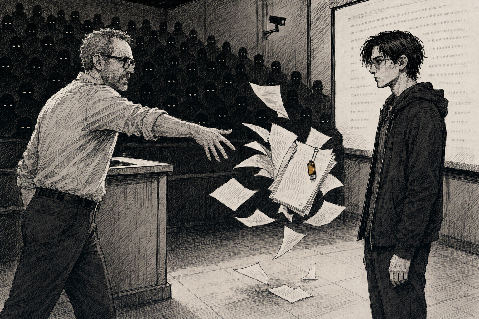 The front floor of the lecture hall. Dietrich stands at the left in the follow-through of an underarm throw, arm still extended, jaw set. The stapled assignment is in the air between them with a flash drive clipped to its cover, pages fanning apart, two already on the floor. Cade stands at the right in the projector wash with his arms at his sides, not moving. A hundred and eighty students in the dark behind them.