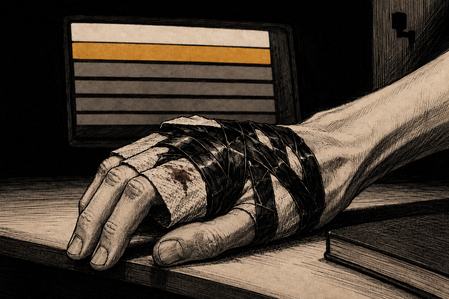 Cade's knuckles wrapped in a paper towel and black electrical tape, the hand resting still beside the trackpad, the leaderboard soft and out of focus behind it with two rows highlighted one directly above the other.