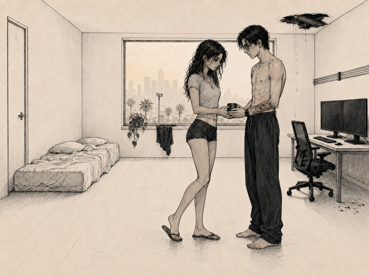 Cade's flooded loft at 1847 Entrada, water standing across the floorboards. Cade stands barefoot and shirtless holding the mug she brought him, the circuit tattoo running up his left forearm; his shirt hangs drying over the open window with the LA skyline beyond it. Cass stands opposite in a crop-T, shorts and sandals, looking down at the broken french press scattered in the water between them. The burst pipe hangs open in the ceiling above the soaked mattress, the server rack dry on its casters by the desk.