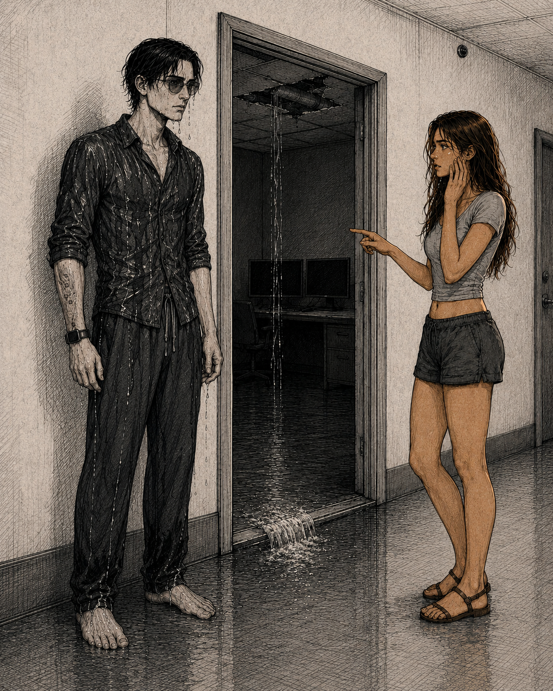 Cade and Cass in the flooded-hallway encounter.