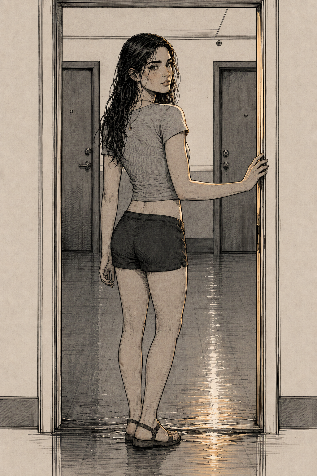 Cass in the doorway of Cade's loft, one hand on the door frame, turned to look back over her shoulder into the room. The corridor stretches behind her, water still spreading thin across the tile at the threshold.