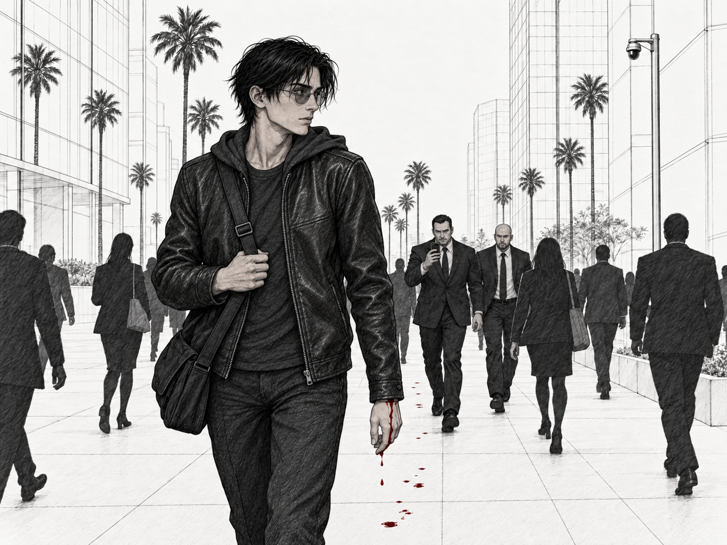 Cade Voss walking a Century City plaza in 2035, blood running from one hand to the pavement. Two men in suits follow a few paces back, one filming him on a phone. The lunchtime crowd walks past without looking. A Glass camera watches from a pole at the right.