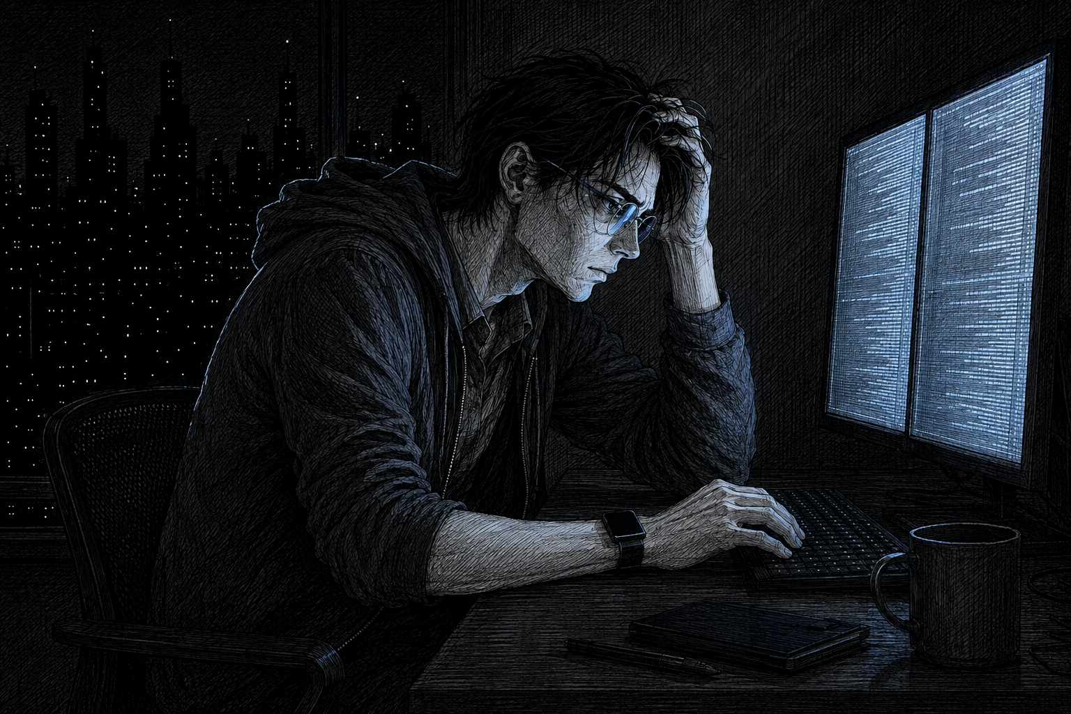 Cade Voss at his terminal, late at night. Multiple panes open. Screen glow the only light.