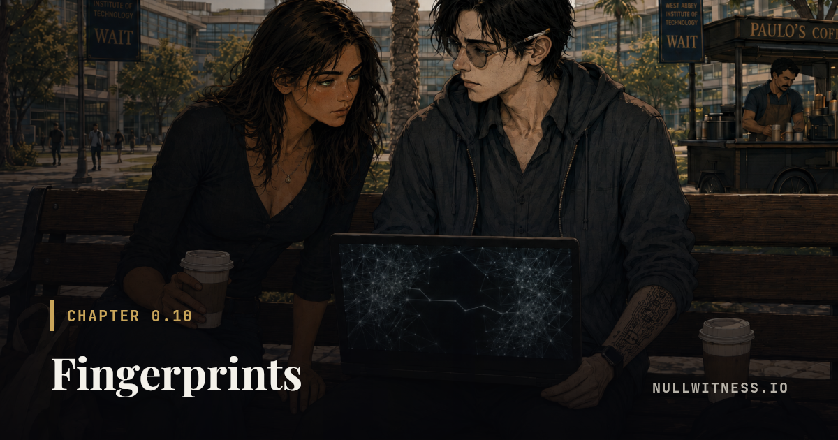Chapter 0.10 · Fingerprints — Null Witness. Chapter illustration with the title card.