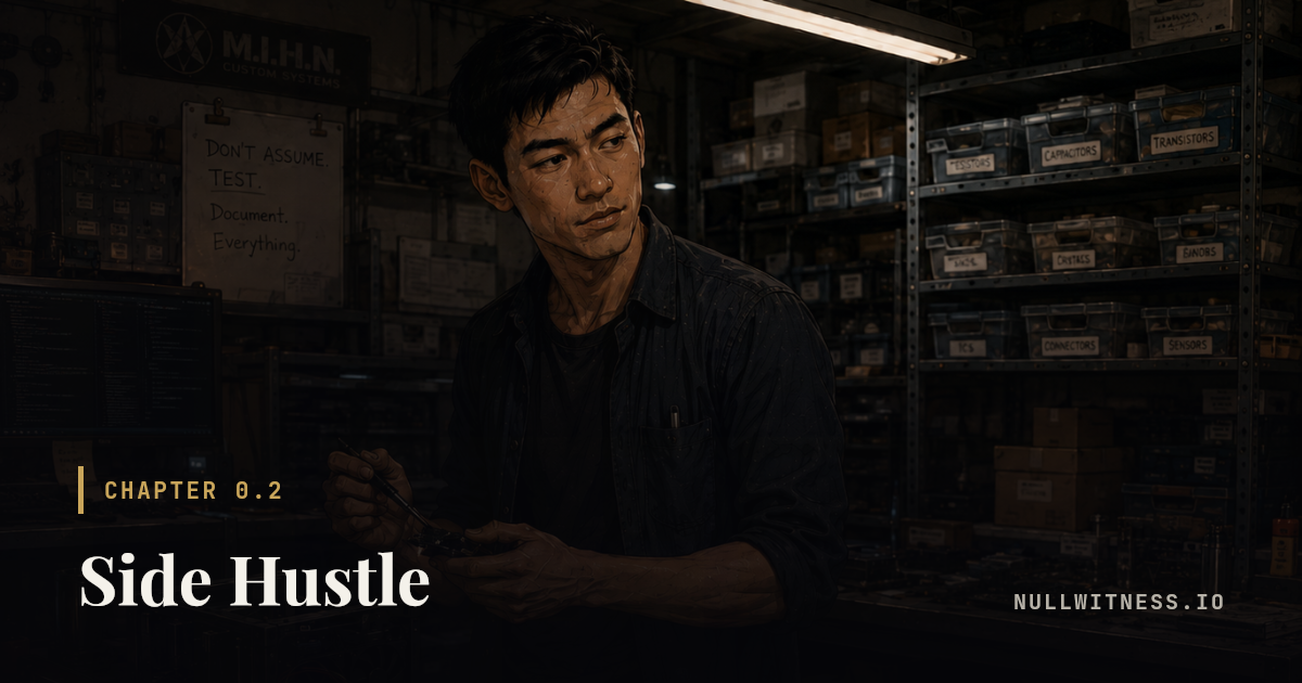 Chapter 0.2 · Side Hustle — Null Witness. Chapter illustration with the title card.