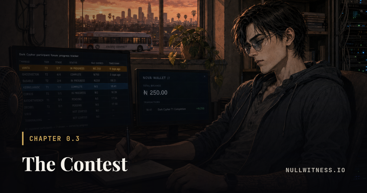 Chapter 0.3 · The Contest — Null Witness. Chapter illustration with the title card.