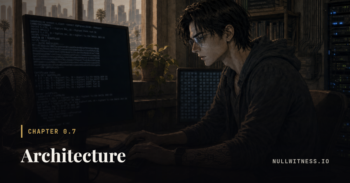 Chapter 0.7 · Architecture — Null Witness. Chapter illustration with the title card.