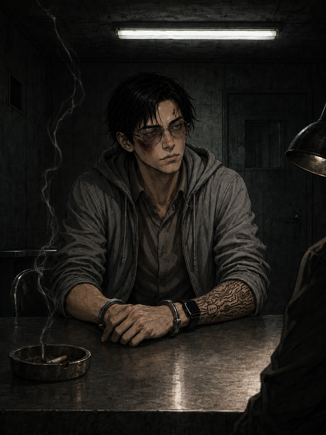 The interrogation room from the prologue. A federal agent and a lamp that won't stay where it started.